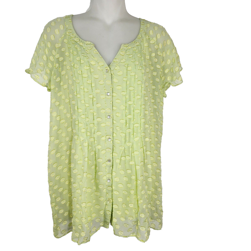 Soft Surroundings Top Shirt Women Medium Yellow Green Dot Calm Silk Blend Button